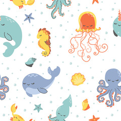 Seamless vector pattern. Marine animals dolphin narwhal jellyfish whale crab seahorse. Pattern for children's products  © Alena