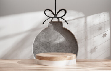 Merry Christmas and happy new year concept, Wood product display podium, 3D rendering.