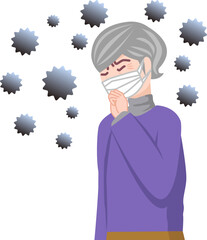 咳で苦しむマスクをしたシニア女性