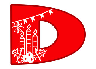 Letter D. Festive Christmas design to create monogram for kids and adults. Sign D, symbol, tag, for printing and cutting. Name gift, sublimation, xmas decoration. Xmas alphabet. Vector illustration