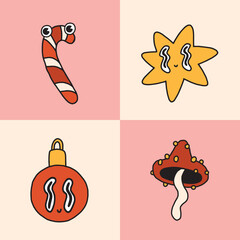 Merry Christmas retro collection of 30s cartoon groovy elements. Star, mushroom, christmas ball, candy cane. 50s, 60s old animation style. Vintage comic vector, happy emotions. Isolated