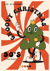 Christmas retro 90s party poster vertical template. Happy dancing Christmas tree, lettering. 50s, 60s old animation style. Vintage comic merry Christmas vector. Cheerful, happy emotions. Isolated