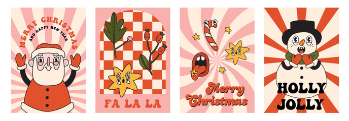Fototapeta premium Christmas retro 30s cartoon a4 cards collection. Christmas tree, star, holiday elements, lettering. 60s old animation style. Vintage comic Merry Christmas vector. Cheerful, happy emotions. Isolated