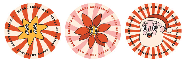 Christmas retro collection 40s cartoon round logo stickers. Santa Claus, Lsd Star, Poinsettia flower. 60s old animation style. Vintage comic merry Christmas vector. Cheerful, happy emotions. Isolated