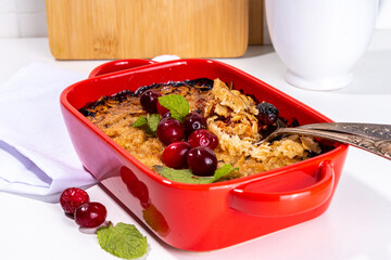 Winter homemade gluten free cranberry oats crumble pie. Sweet delicious cranberry oatmeal crumble,...
