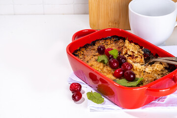 Winter homemade gluten free cranberry oats crumble pie. Sweet delicious cranberry oatmeal crumble,...
