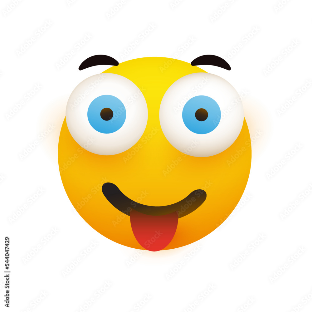 Poster smiling emoji face with tongue out - simple happy emoticon design isolated on white background
