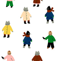 Funny colorful pattern with cats wearing winter clothes in hand-drawn style.  Cute and funny winter kids print design. For wallpaper, design paper, textile. 2023 symbol of year.
