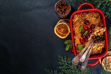 Winter homemade gluten free cranberry oats crumble pie. Sweet delicious cranberry oatmeal crumble,...