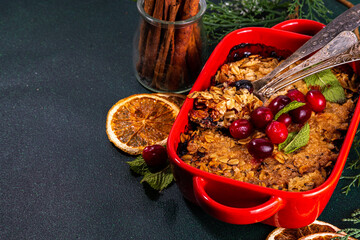 Winter homemade gluten free cranberry oats crumble pie. Sweet delicious cranberry oatmeal crumble,...