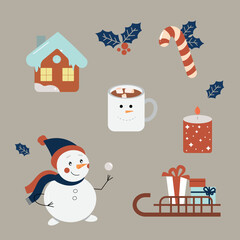 Winter set. Snowman, New Year's gingerbread house, Christmas toy, cocoa with marshmallows in a mug, sledge with gifts.Christmas collection with seasonal elements.