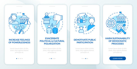 Conventional involvement issues blue onboarding mobile app screen. Walkthrough 4 steps editable graphic instructions with linear concepts. UI, UX, GUI template. Myriad Pro-Bold, Regular fonts used