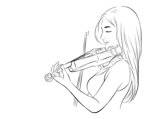 Beautiful woman hold violin on white background, in emotion feeling happy. vector illustration isolated cartoon hand drawn