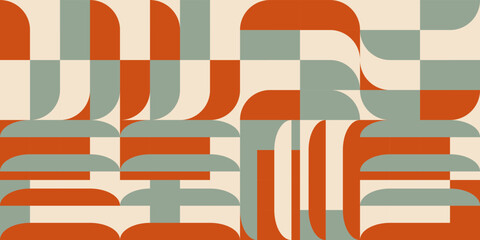 Naklejka premium Modern vector abstract geometric background with circles, rectangles and squares in retro style. Pastel colored simple shapes graphic pattern. Abstract mosaic artwork.