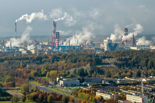 aerial panoramic view on smoke of pipes of chemical or wooden enterprise plant. Industrial landscape environmental pollution waste plant. Air pollution concept.