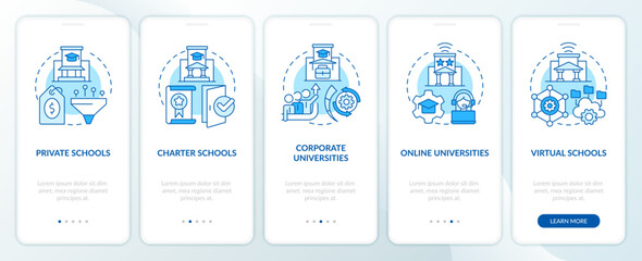 Schools and service providers blue onboarding mobile app screen. Walkthrough 5 steps editable graphic instructions with linear concepts. UI, UX, GUI template. Myriad Pro-Bold, Regular fonts used