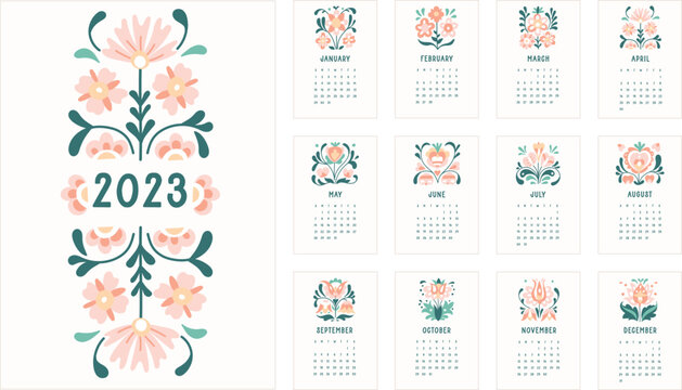 Cute floral flowers Calendar 2023 A4 vector format adjustable printable in pink green yellow pastel light colours for girls