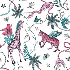 Beautiful trendy seamless pattern with hand drawn chimera animals birds insects and fantasy plants. Stock fashionable textile illustration.
