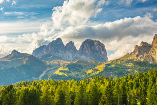 Mountain landscape of Sassolungo or Langkofel group, Dolomites mountains, Italy