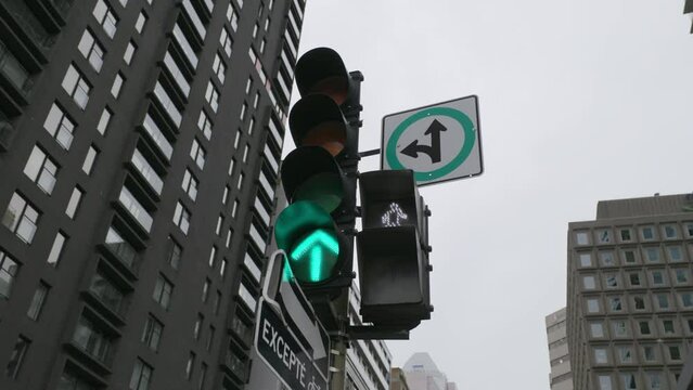 Traffic Signal Lights At The Road Intersection In Montreal, Quebec, Canada. - Low-Angle Shot