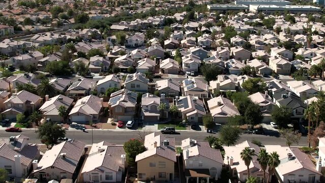 A Typical Neighborhood Suburb Of Home In Las Vegas, Nevada - Aerial Flyover