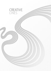 Lines in perspective vector abstract background in light grey and white monochrome, 3D dimensional stripes with smooth gradient and wavy motion.