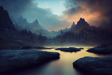 Breathtaking nature mountain landscape, 3d illustration