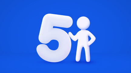 3d white cartoon man holding big number 5. Number Five. Isolated blue background.
