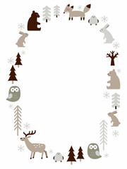 冬の森と野生動物のイラストの楕円形フレーム
