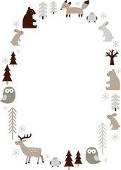 冬の森と野生動物のイラストの楕円形フレーム