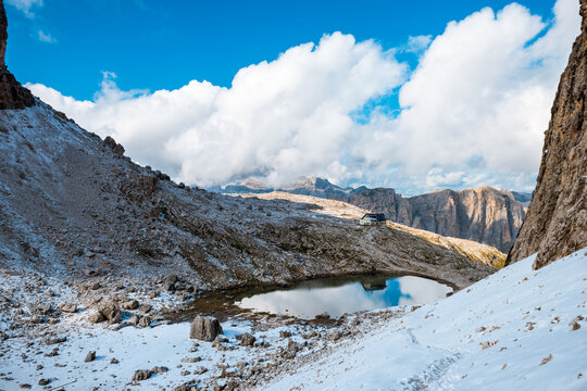View to rifugio Pisciadu on Sella Ronda Dolomites Italy