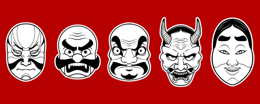 Five scary Japanese white traditional mask elements on red background.