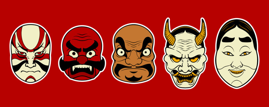 Five scary Japanese mask elements isolated on red background.