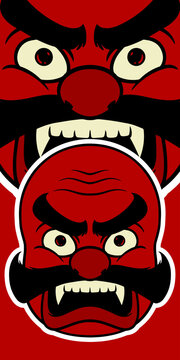 Big red Japanese mask elements isolated on red background.