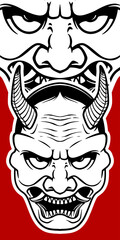 Big scary Japanese mask elements isolated on red background.
