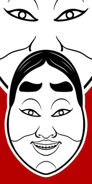 Big traditional Japanese white mask elements on red background.