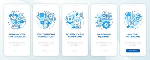 Professional online streaming blue onboarding mobile app screen. Walkthrough 5 steps editable graphic instructions with linear concepts. UI, UX, GUI template. Myriad Pro-Bold, Regular fonts used