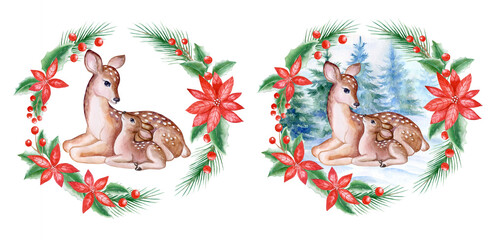 Deer mom and baby in a Christmas wreath with berries and red poinsettia flowers on a white background. Watercolor. Illustration. Sample