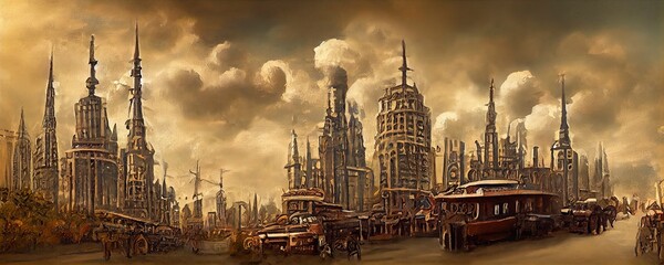 Sci Fi steampunk futuristic cityscape illustration with a dramatic sky. Scene with futuristic skyscrapers and steampunk elements. 3D illustration. Great as a background or for use in art projects!