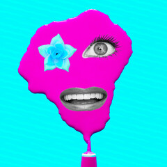 Contemporary digital collage art. Lady and cosmetics concept
