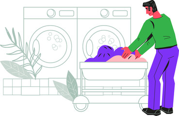 Man in public laundry folding washed clothes laundry into basket. Banner or poster design for commercial public laundromat service.
