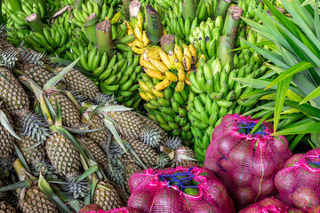 Green bananas for sale at big food market of Dambulla, Sri Lanka.