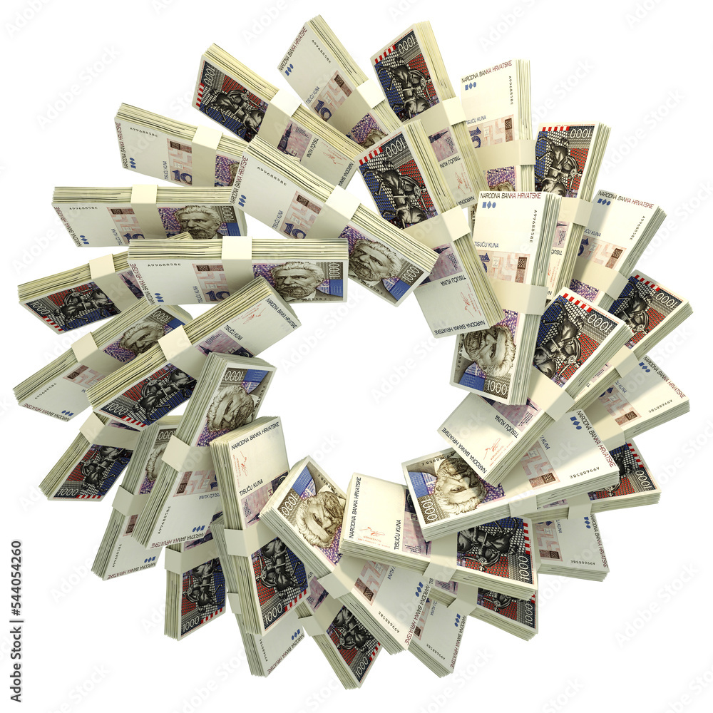 Poster 3d rendering of stacks of croatian kuna arranged in a circular pattern.