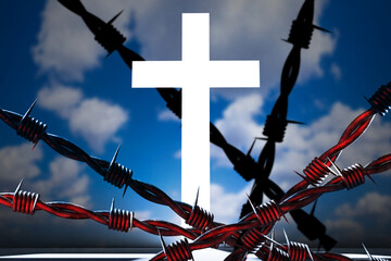 Christian cross with barbed wire. Concept of attacks on Christianity. Catholicism and Orthodoxy....