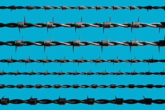 Barbed wire of different point thickness. Metal wire with sharp spikes. Barbed wire isolated on turquoise. Sharp barrier to restrict movement. Element for design creation. Steel sharp rope. 3d image.