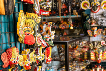 Sri Lankan traditional handcrafted goods for sale in a shop at Kandy market. Sri  Lanka. 
