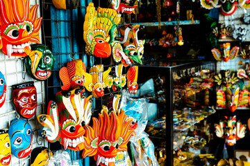 Sri Lankan traditional handcrafted goods for sale in a shop at Kandy market. Sri  Lanka.  - obrazy, fototapety, plakaty