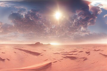 10k HDRI map sun in cloudy red sky over an desert landscape on an alien planet (high resolution environment map for equirectangular projection, spherical panorama, )