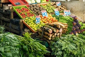 A lot of tropical fruits in outdoor market in Sri-Lanka.