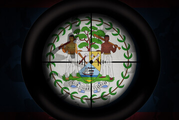 sniper scope aimed at flag of belize on the khaki texture background. military concept. 3d illustration